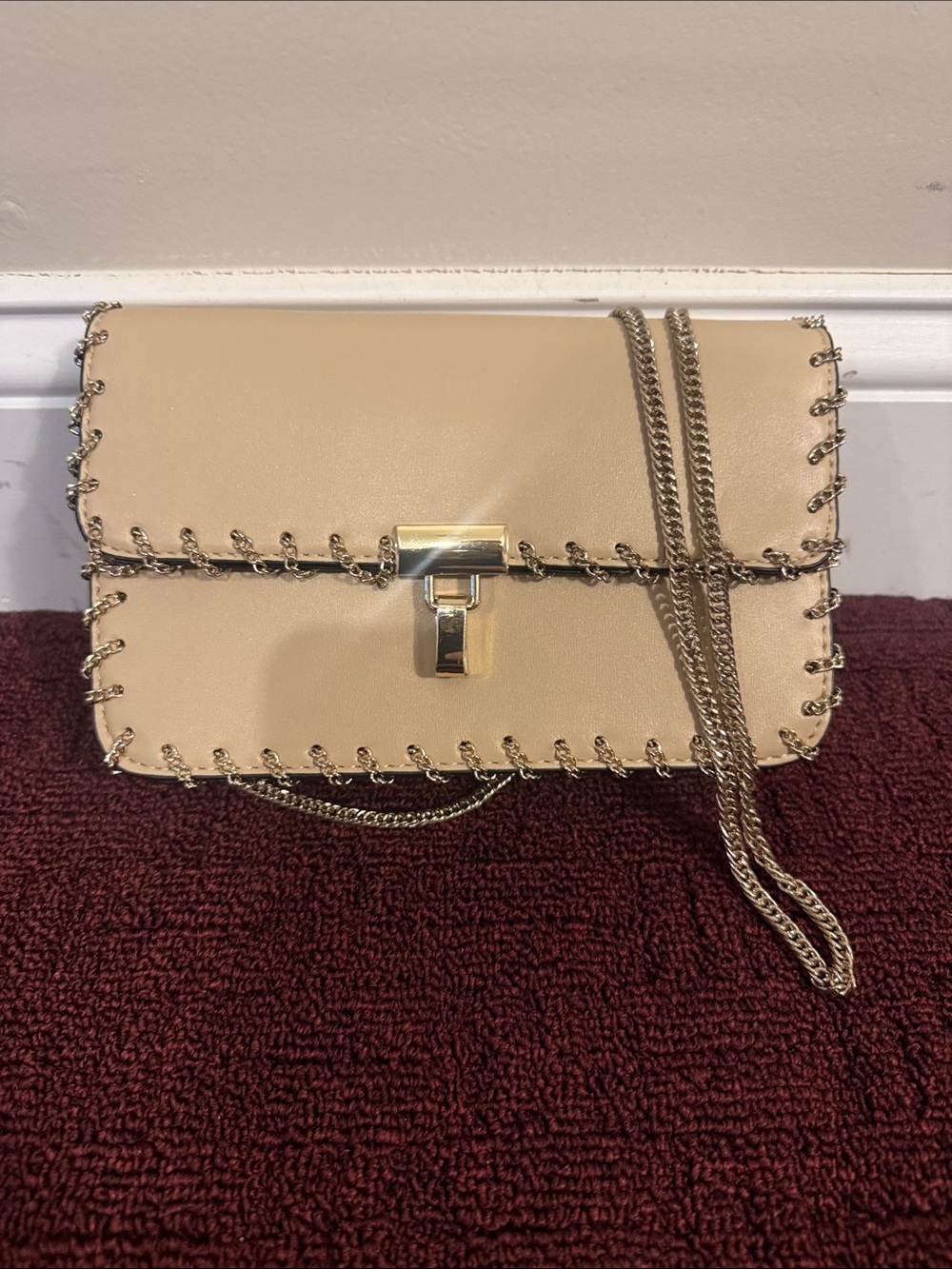 Zara Beige Crossbody Bag with Silver Chain and Stitch Detailing